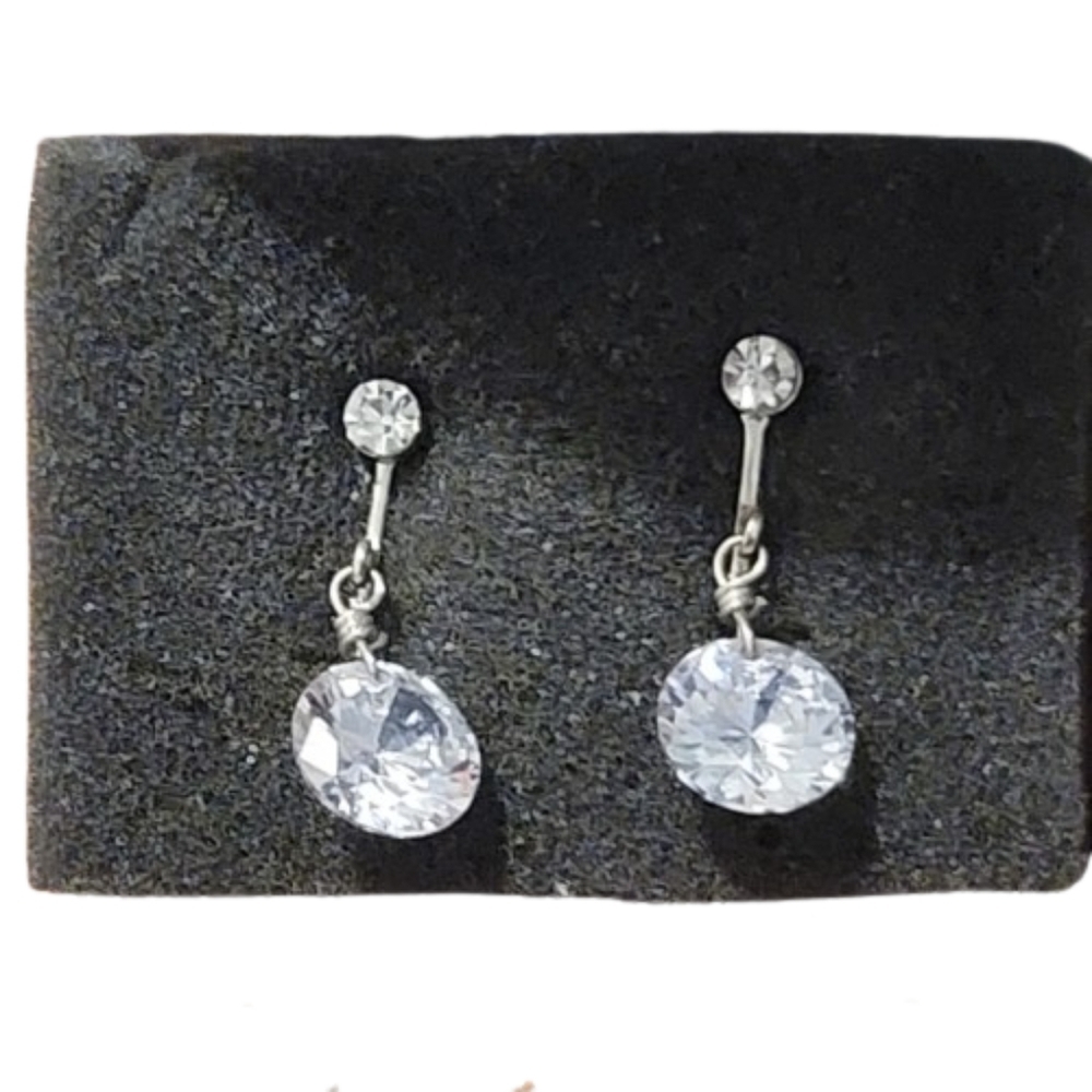 Vintage Clip On Earrings Clear Rhinestone Drop Dangle Silver Tone Bridal